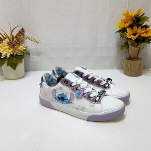 Disney Stitch Low Top Sneakers Womens 9.5 Lace-Up Glitter Accents Charm Keychain